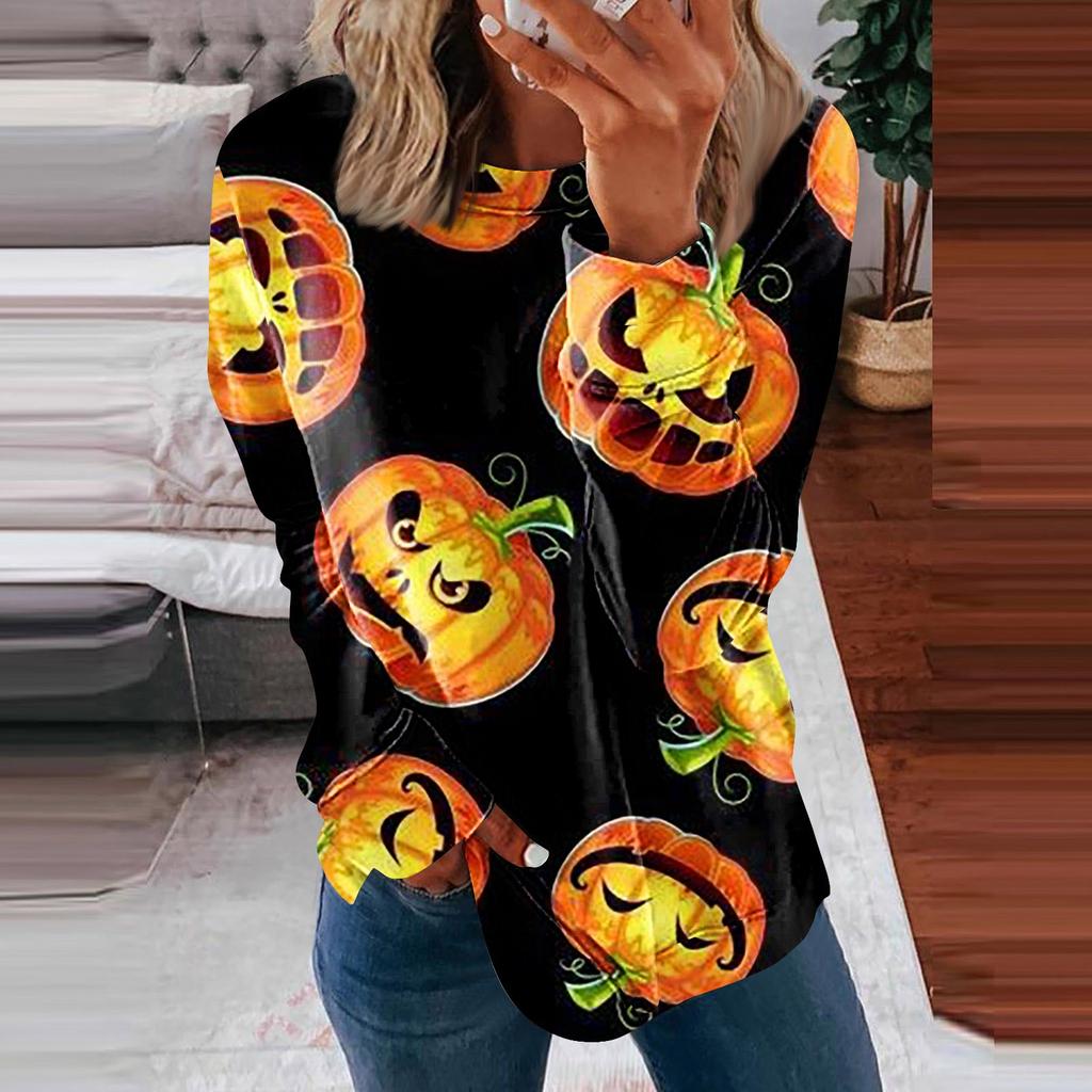 Blusa de algodón con cuello redondo para mujer, informal, a la moda, con estampado de Halloween, manga larga, cuello redondo, blusa superior