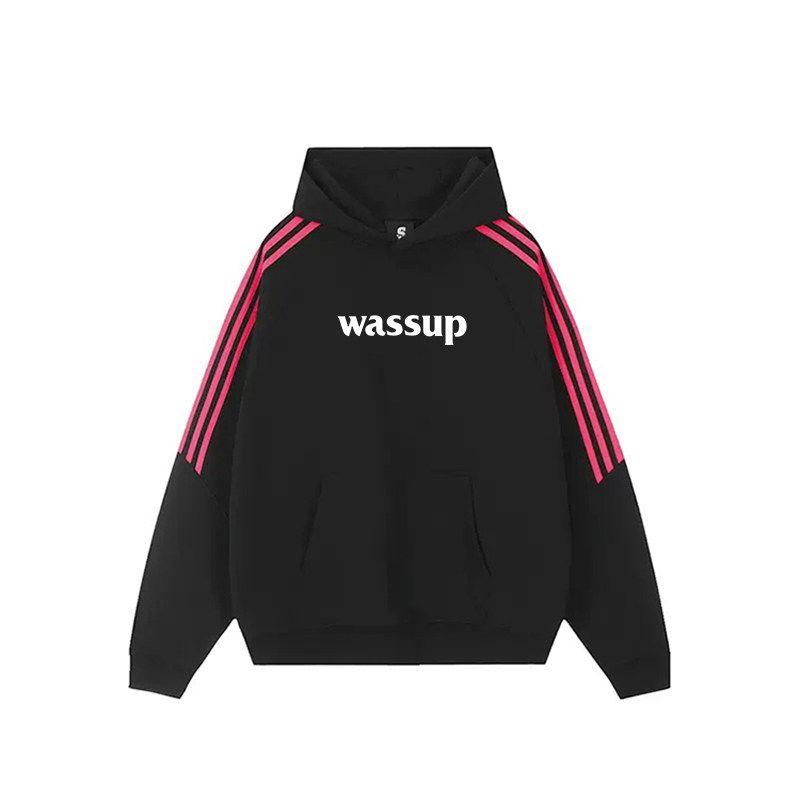 

Wassup Beige Three-Stripe Letter Heavyweight Sweatshirt for Men, Autumn and Winter 25 New Style American Sports Hoodie Top Black 3XL