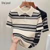 Her Pool Women's Striped Ice Silk Knit Polo T-Shirt