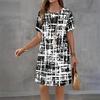 Vintage Schwarz Weiß Kariertes Muster Druck Damenkleid 2025 Neu Sommer Lässig A-Linien-Kleid Damen Kurzarm Locker Minikleid