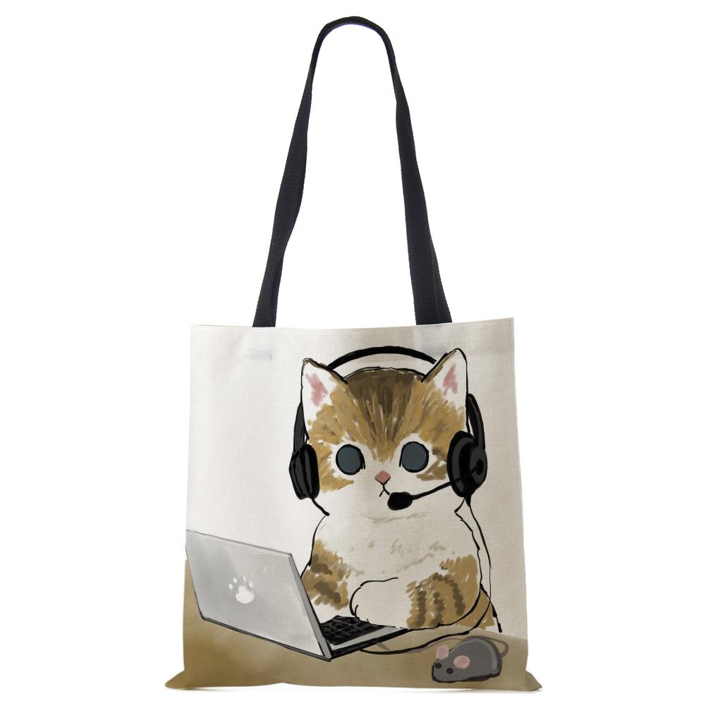 Cat Cartoon Canvas Shoulder Bag Women Print Harajuku Casual Shopping Tote Bag Reusable Large Capacity Folding Handbag CLE