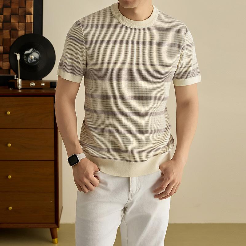 Men s Short Sleeve Color Block T-Shirt Summer Middle-Aged & Young Versatile Crew Neck Striped M