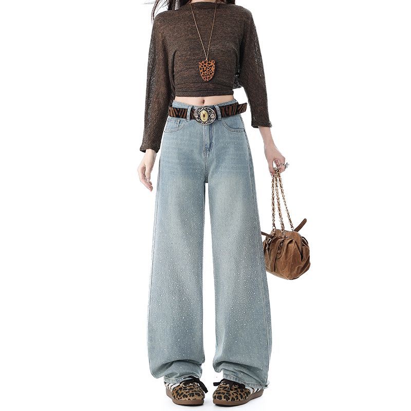 Spring Summer Full Star Rhinestone High Waist Drape Floor Slim Straight Casual Denim Pants For Ladies Casual Pants Oversize Denim Trousers