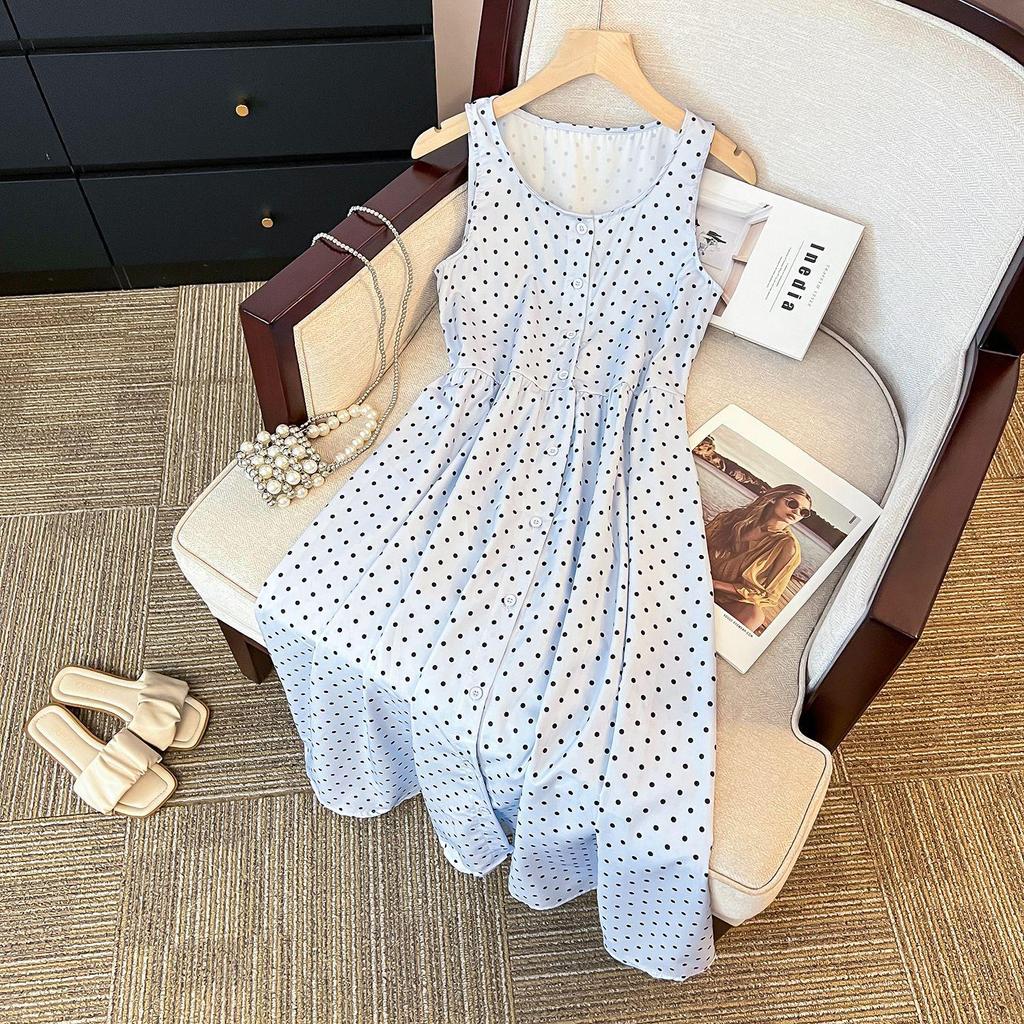 Damen Sommer 2025 Petite Polka Dot Ärmelloses Westenkleid – Französischer Teepausen-Stil, Schlankmachendes Langes Design