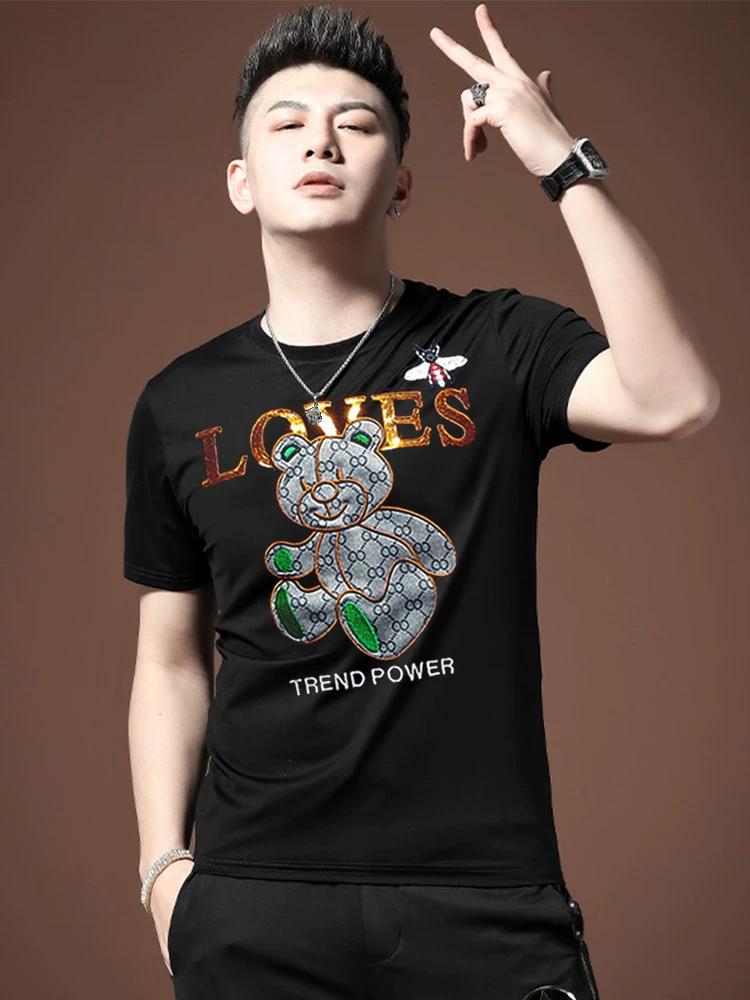 

European Station High-End Embroidery Bear Ice Silk Short Sleeve T-shirt Male Fashion Brand Trend 2025 Summer New Arrival Men s Elbow-Sleeved Top 2XL чёрный