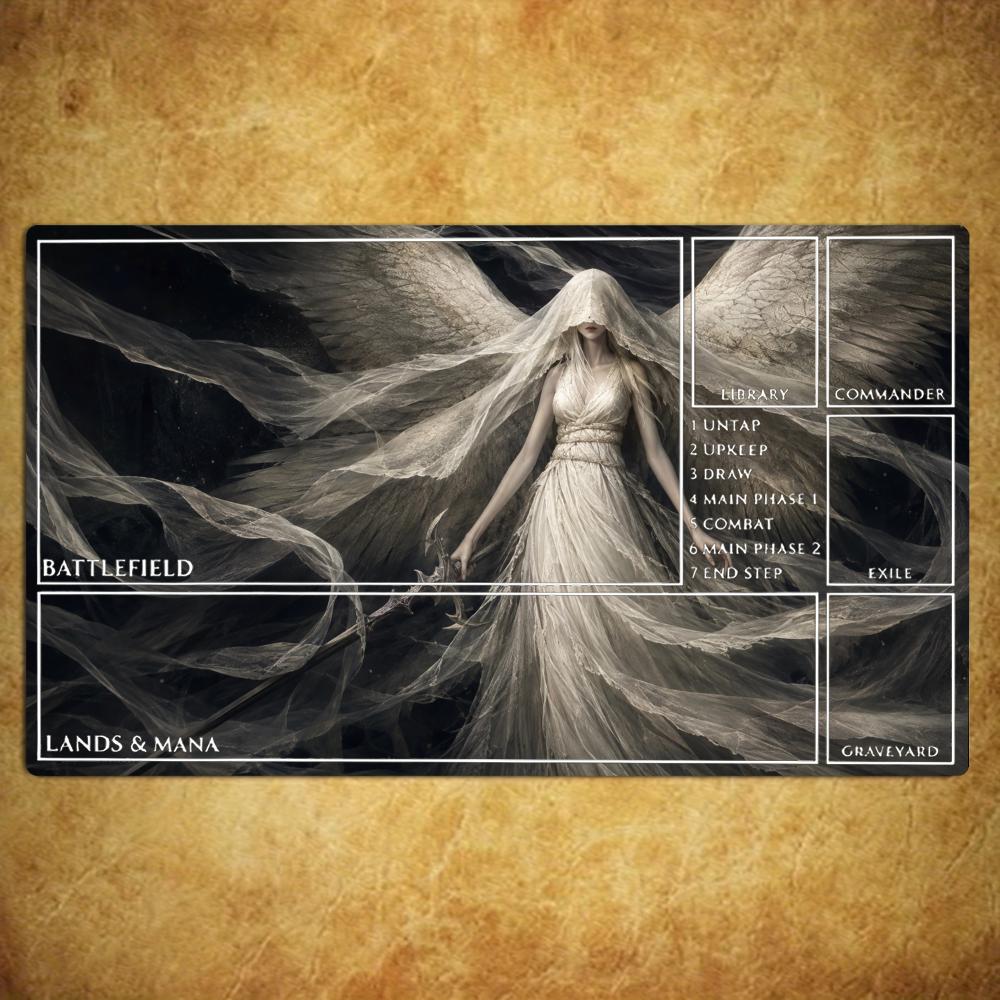 Veiled White Wing Angel TCG Playmat 35X60CM Dress Gothic Sword Magic Card Mat Non-Slip Durable Stitched Edge Tabletop Playmat