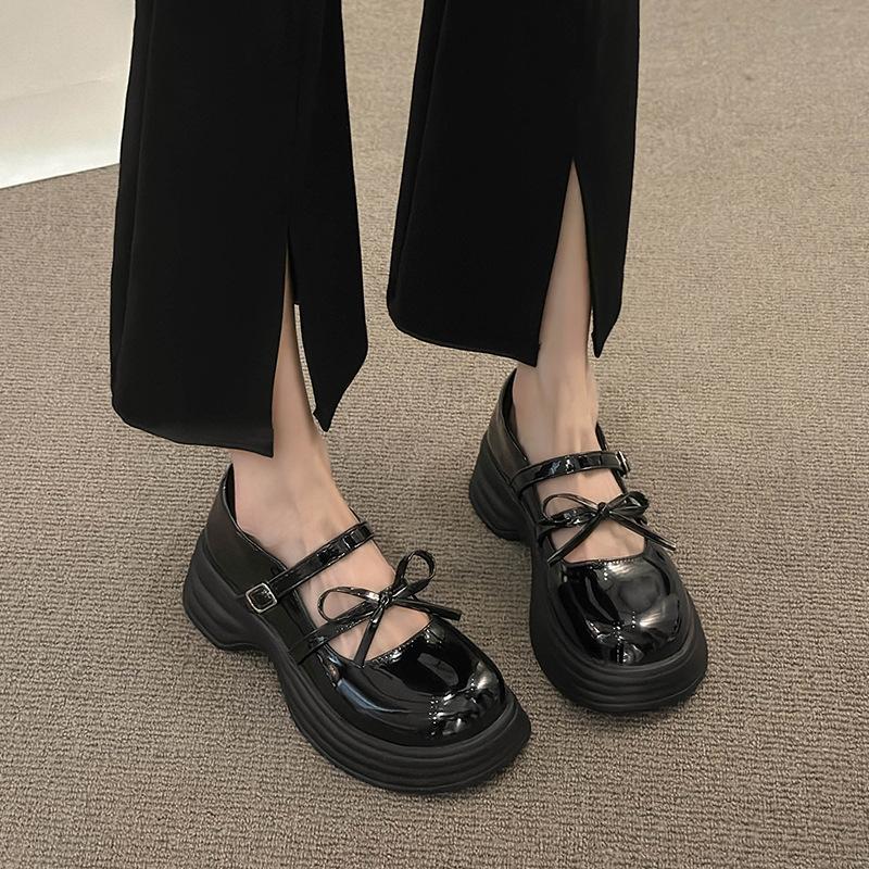 Fashion Black Chunky Platform Mary Jane Shoes for Women 2025 Spring Patent Leather Pumps Woman Thick Bottom Bowknot Lolita Shoes Ladies