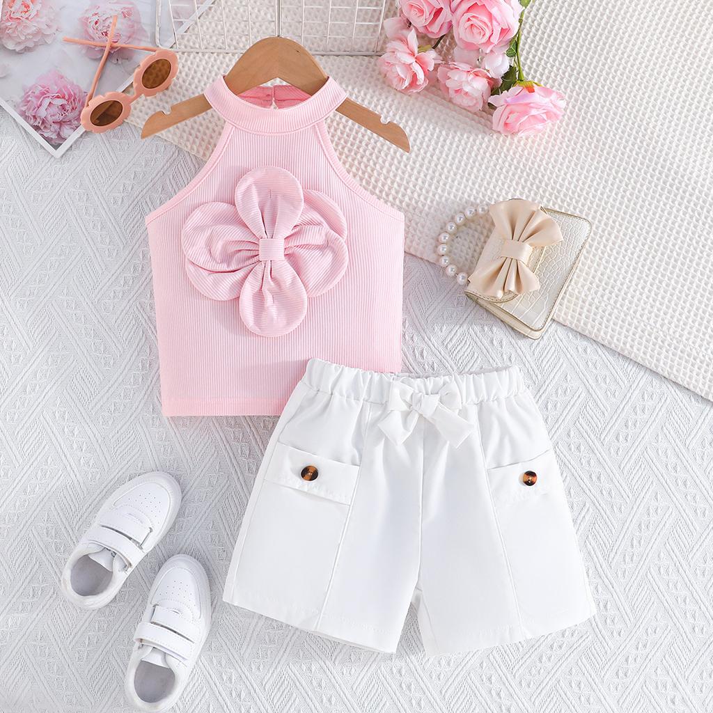 Infants Clothes Fashion Vest Flowers Top + Shorts Two-Piece Set For Baby Girls Halter Neck Shirt Sets