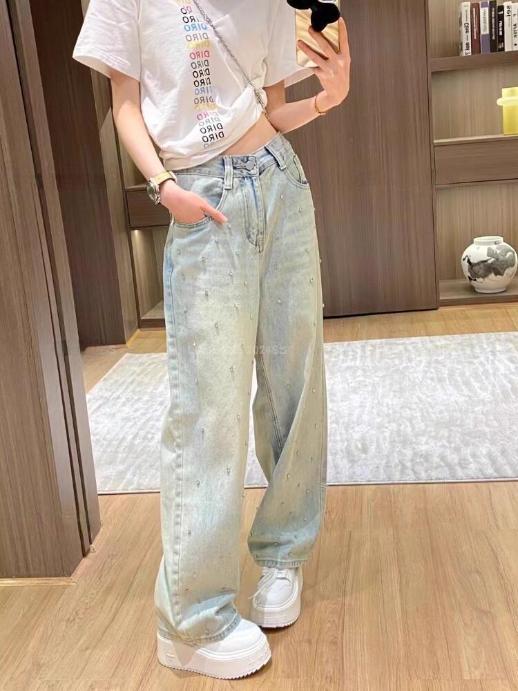 Y2k Harajuku Vintage Baggy Blue Jeans Women Retro Nail Drill Design High Waist Denim Trousers Korean Fashion 90s Aesthetic Wide Pants Streetwear