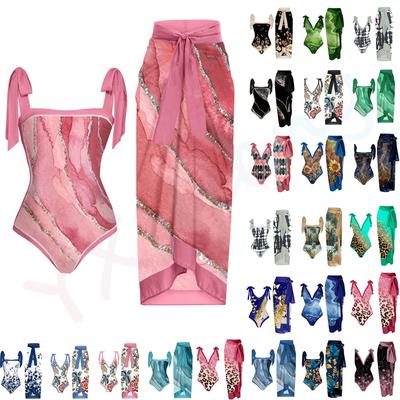 New Vintage Ethnic Print Women's One Piece Swimsuit Two Piece Sheer Skirt Conservative Push Up Padded Swimwear Beachwear