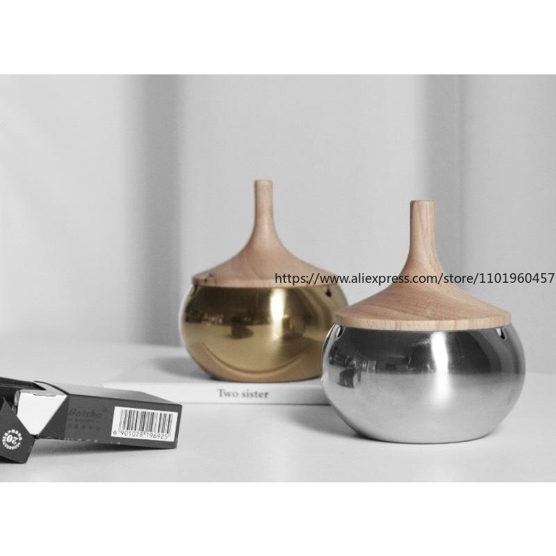 Stainless Steel Wooden Lid Ashtray Large Household Living Room Office Cigarette Holder Anti-Flying Ash Fall Thickened Silver