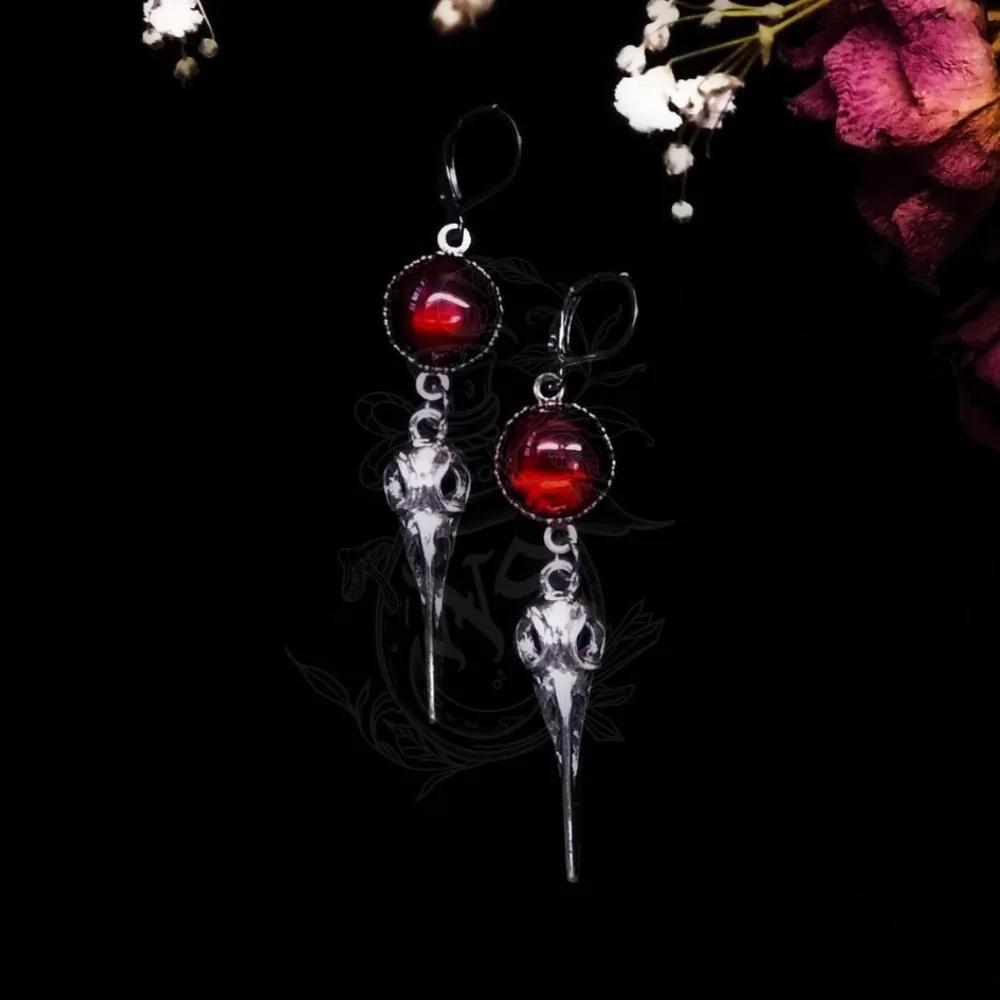 New Gothic Punk Sliver Color Vampire Bird Skull Round Red Glass Crystal Dangle Earrings for Women Heathen Wizard Jewelry Gifts