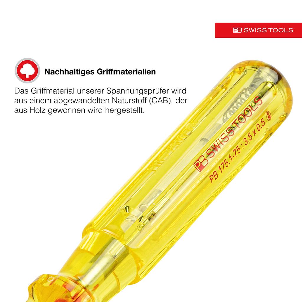 PB SWISS TOOLS Klassischer Griff Stromprüfer Flachkopf Klingenstärke x Klingenbreite Gesamtlänge Schraubendreher, 0,5 mm 3,5 mm, 175 mm, 175.1-75