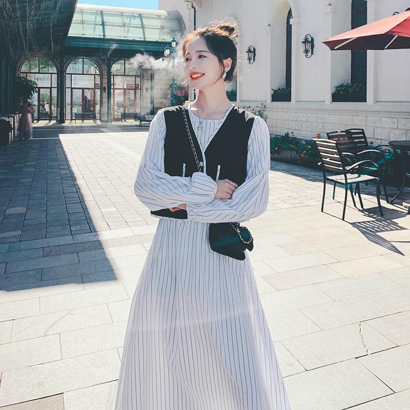 

Платье-двойка в полоску с длинными рукавами 2024 года – осенний французский стиль XL