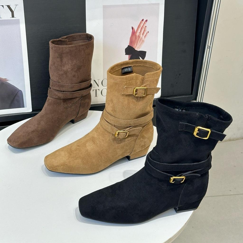 Retro Pustynny Styl Zachodnie Buty Damskie 2025 Jesień i Zima Nowe Kwadratowy Nosek Średnie Buty Obcas Kotek Obcisłe Buty Martinowe Buty Jeździeckie