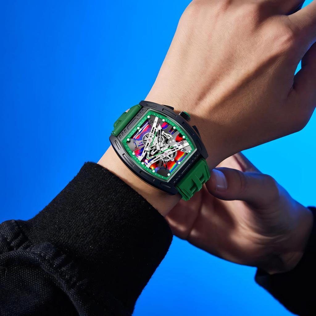 New Business Cool Wine Barrel Shaped Hollowed Dial Men's Wristwatch Silicone Strap Waterproof Luminous Quartz Male Watch