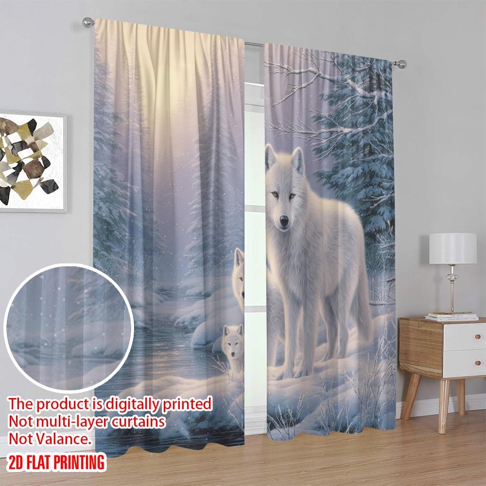 Set Of 2 Flat Printing Curtains Winter Wolf Pack Snow Digital Printed Polyester Drapes Festive Portraits Curtain