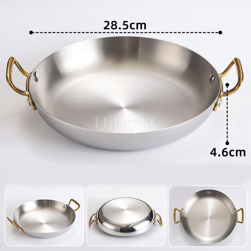 Stainless Steel Spanish Paella Pan Big Double Handle Round Flat Bottom Pan Western Restaurant Fried Chicken Pasta Plate Cookware
