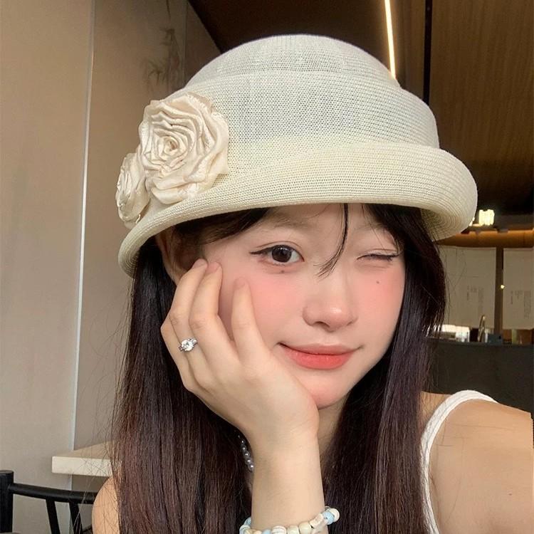 Hepburn Style Camellia Fisherman Top Hat Female Spring And Summer Elegant Japanese Linen Beret Showing Face Small French Pot Hat Thin