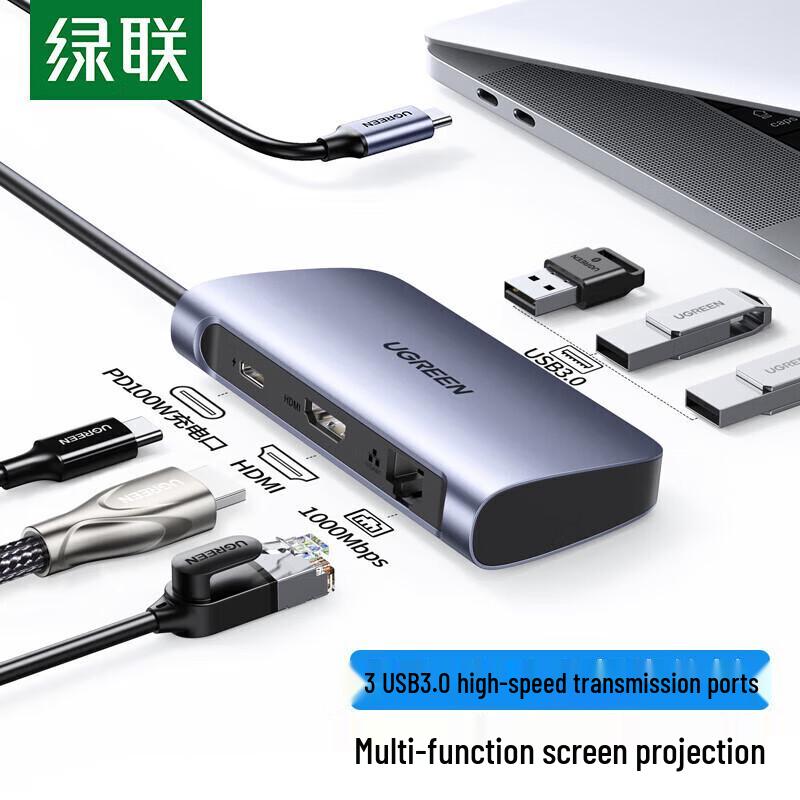 UGREEN 6-in-1 USB-C Hub with HDMI, USB 3.0, Gigabit Ethernet, PD