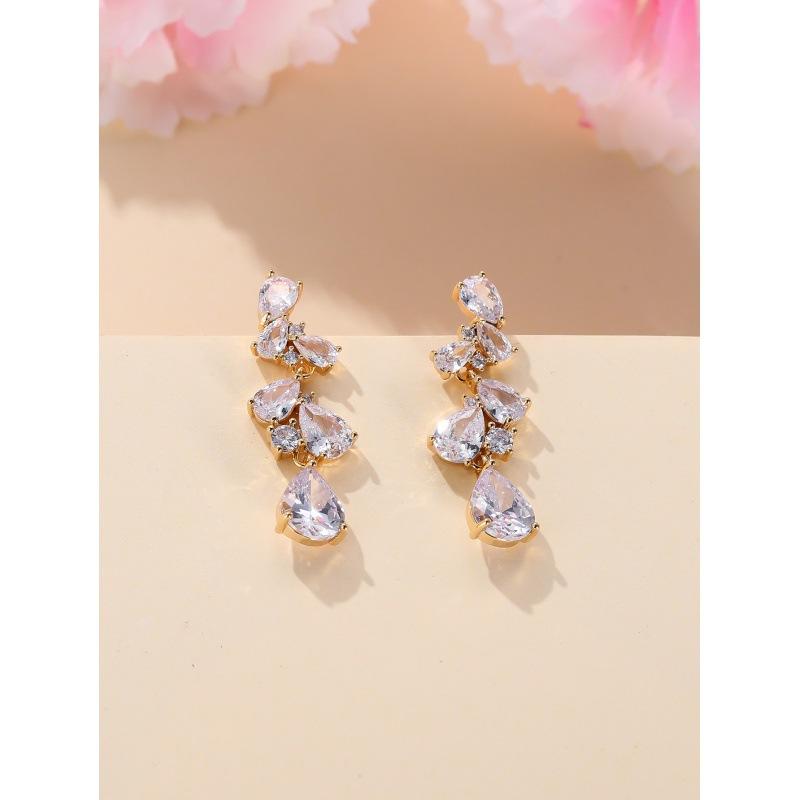 Platinum White Diamond Flower Leaf Pendant Earrings Zircon Water Drop Atmosphere