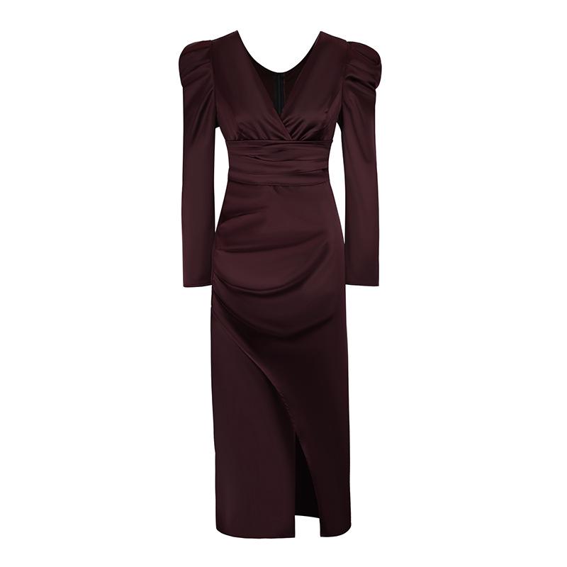 Elegant V-Neck Waist-Cinched Slimming Long-Sleeved Dress for Women