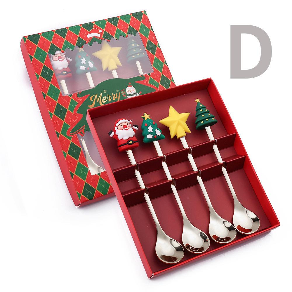 Christmas Spoon Set Cute Coffee Spoon Creative Stirring Spoon Fork Dessert Fork Christmas Gift Box Cutlery 4-Piece