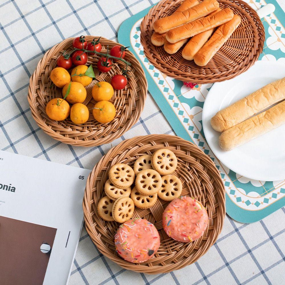 Hardness Rattan Wicker Woven Serving Baskets Plastic Handwoven Dried Fruit Dim Sum Snack Plate 3 Styles Household Rattan Basket