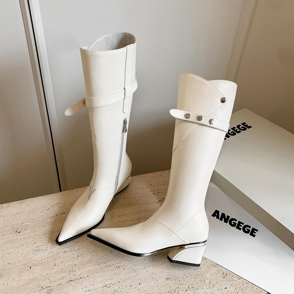 Brown Fashionable and Elegant Temperament Tall Boots 2025 Autumn and Winter New Pointed Thick Heel Belt Buckle Thin Knight Boots