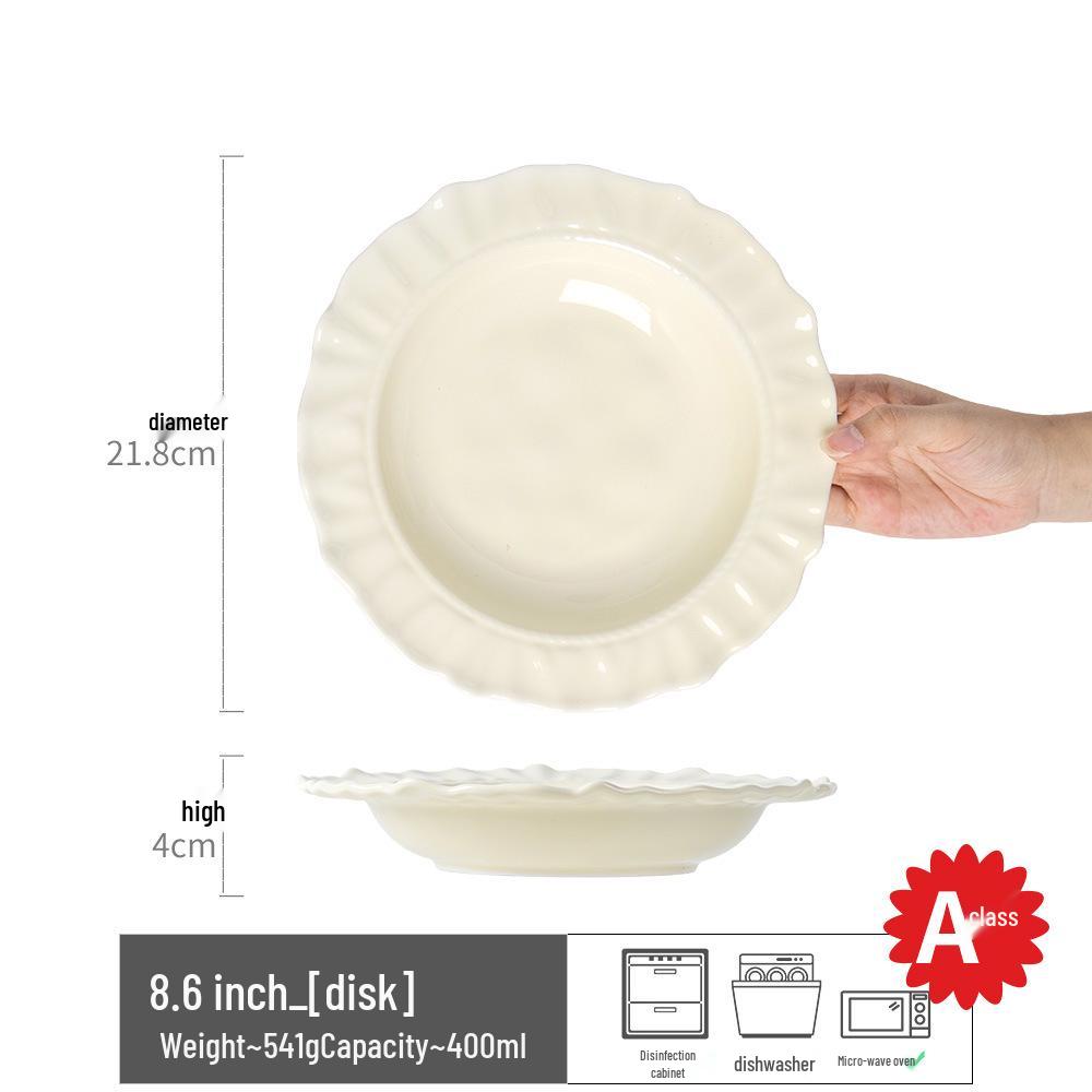 Cream Ceramic Straw Hat Plate - Elegant Lace-Edged Tableware for Desserts, Snacks, Vegetables, or Fruit.