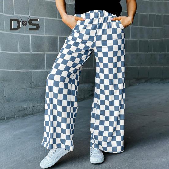 Damenhose, elastisch, hohe Taille, karierter Druck, weites Bein, Freizeithose, lockere Passform, Hose für Urlaub, Arbeit, Alltag
