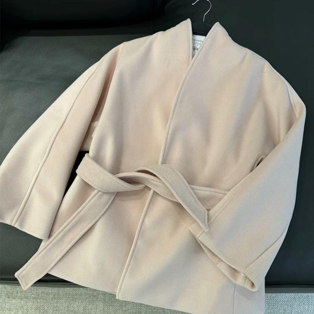 Elegante Damen Einfarbig V-Ausschnitt Bindegürtel Wolljacke 2025 Neue Mode Klassische Langarm Mäntel Herbst Schick Weibliche Streetwear