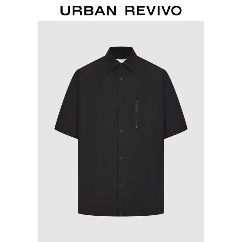Men s Summer Zipper Pocket Short Sleeve Collared Shirt XL
