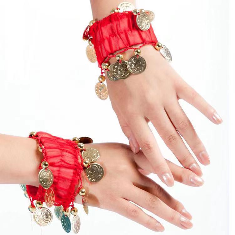 Multi-Color Chiffon Pendant Belly Dance Bracelet Set: Indian Dance Accessories - Hand and Ankle Jewelry