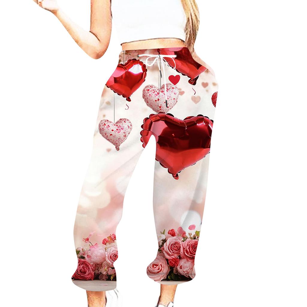 Women's Casual Fashion Valentine's Day Printed Casual Pants Sweatpants Trousers Drawstring Elastic Waist Drawstring Drawstring Drawstring Trousers