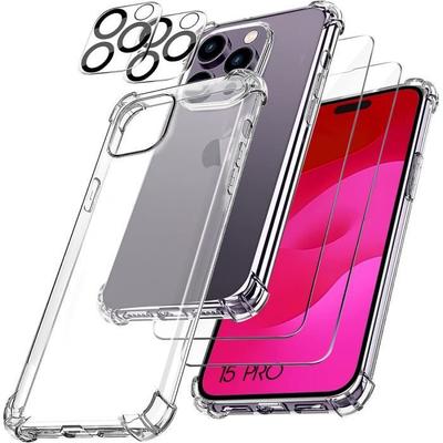 Protective Case - Silicone - for iPhone 15 Pro - Shockproof - 2 Tempered Glasses - Transparent