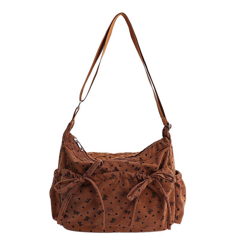 Korean Print Canvas Shoulder Bag Women Drawstring Pleated Crossbody Bag Creative Bow Design Versatile Multi Pocket Underarm Bag