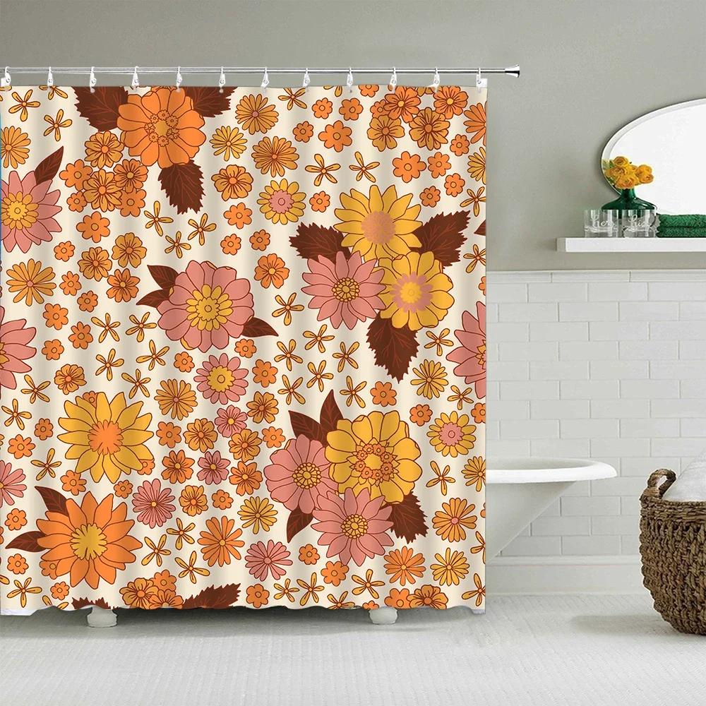 Vintage Rainbow Floral Shower Curtain 70s Colorful Stripe Fun Elegant Bohemian Abstract Style Bathroom Decoration Shower Curta