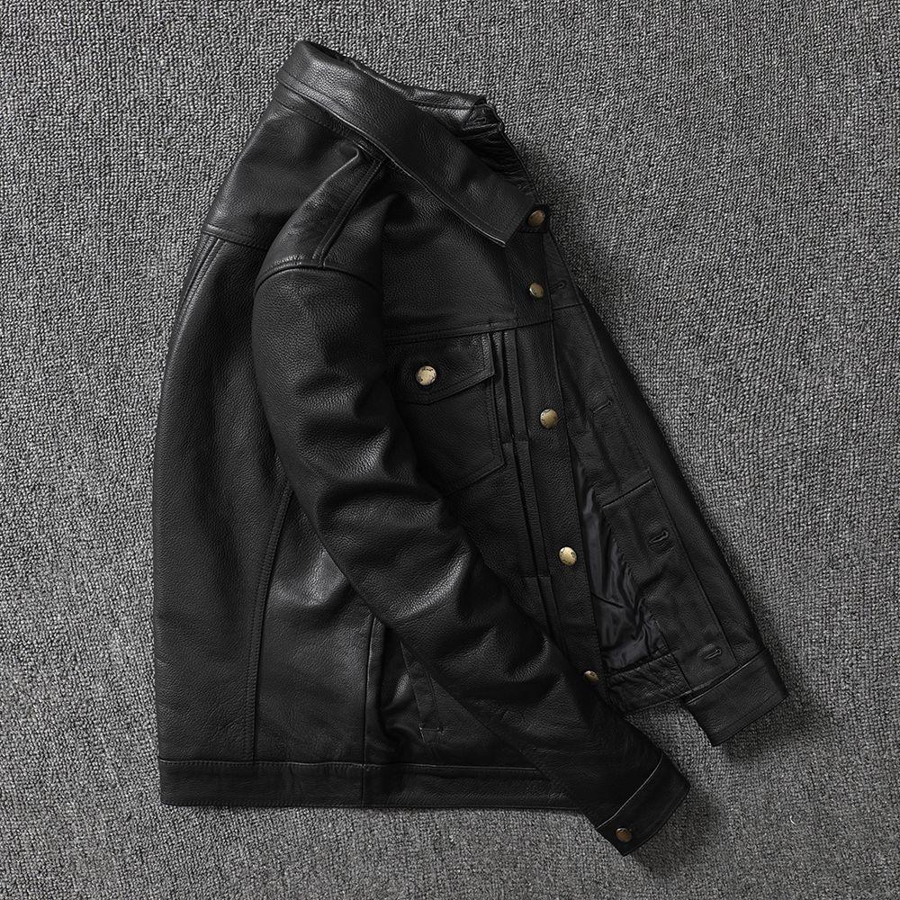 Spring Calf Leather Head Layer Genuine Leather Jacket Men's Lapel Short Denim Leather Jacket Motorcycle