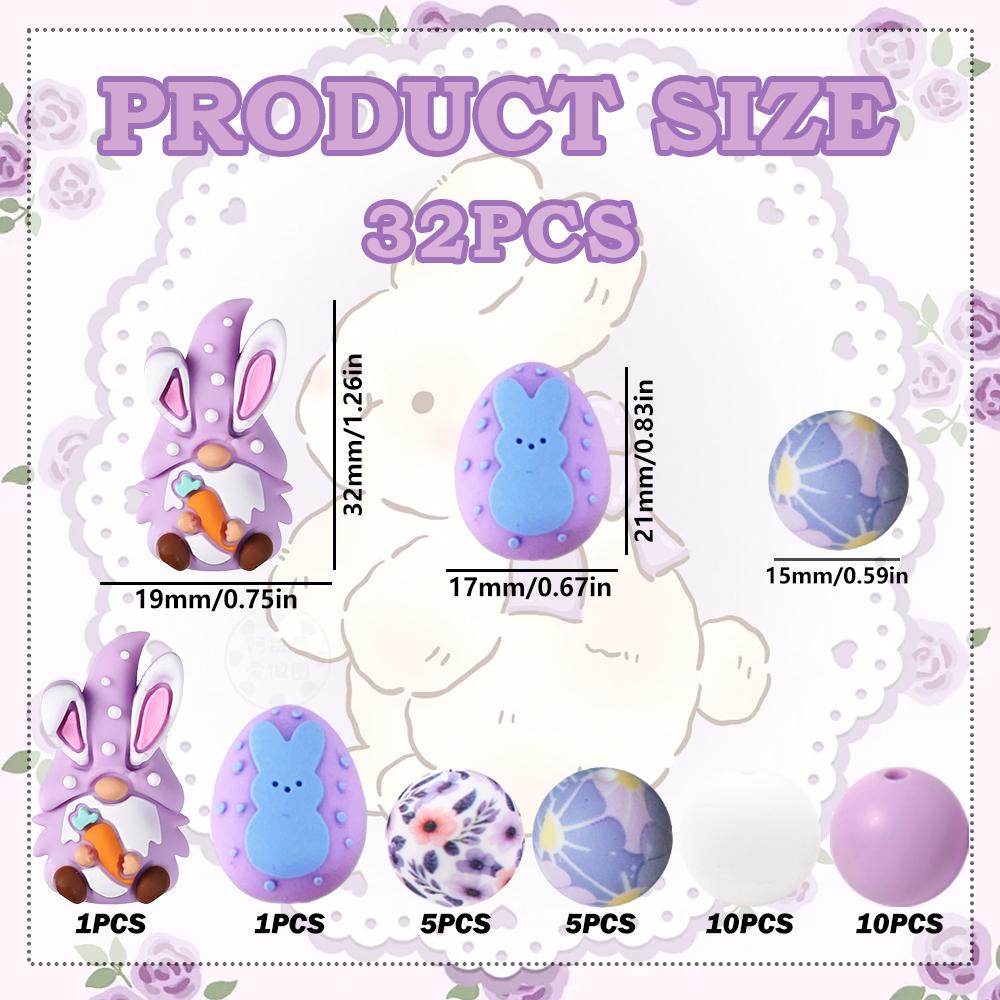 

32/39/44/80PCS Easter Bunny Egg Silicone Bead Set, perfect for DIY handmade crafts such as keychains, necklaces, bracelets, etc