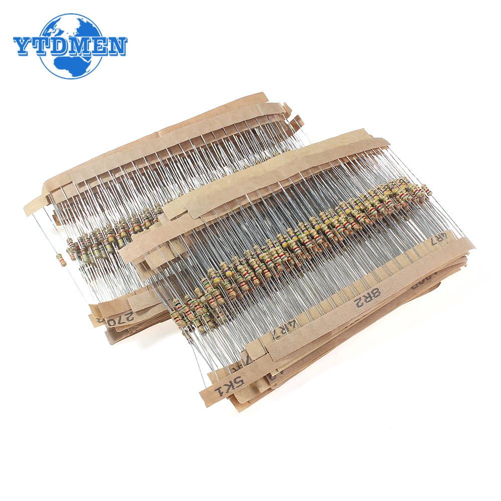 1000pcs Carbon Film Resistors 1/4W 5% 1.8K 2.2K 4.7K 5.1K 51K 75K 120K Ohm Resistance 2.2R-2.2M 0.25W Resistor Assorted Set Kit
