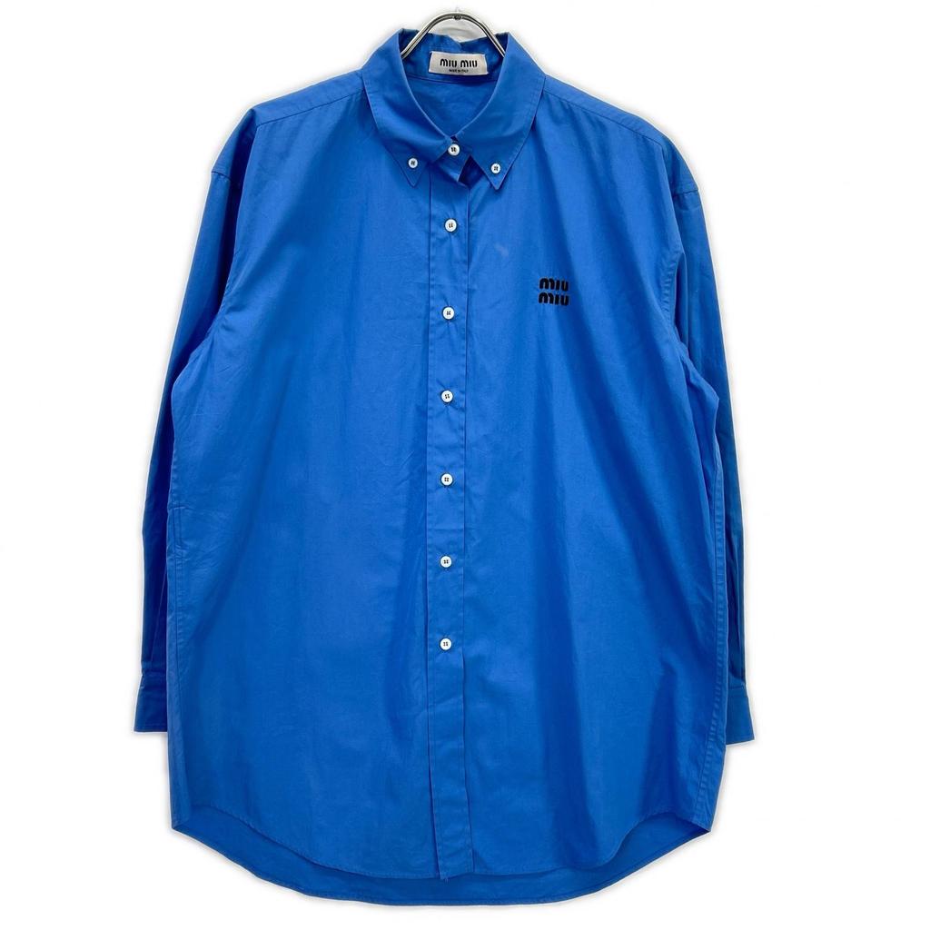 MIUMIU 22SS MK1626 Logo Embroidered Oversized Poplin Long-Sleeve Shirt Tops 40 blueUsed
