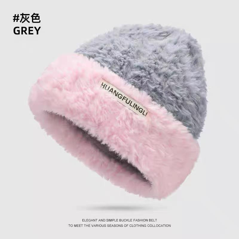 Handgefertigte gestrickte Plüschmütze für großen Kopfumfang mit freiem Gesicht, kleine Mütze, Damen-Wollmütze, thermische Ohrenschützmütze, kann auch eine Schirmmütze sein