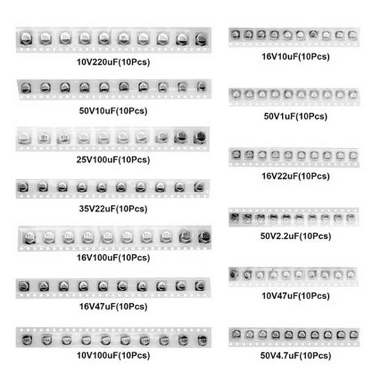 

130-Piece SMD Aluminum Electrolytic Capacitor Kit: 13 Specs, 4.7uF-220uF Electrolytic Capacitor