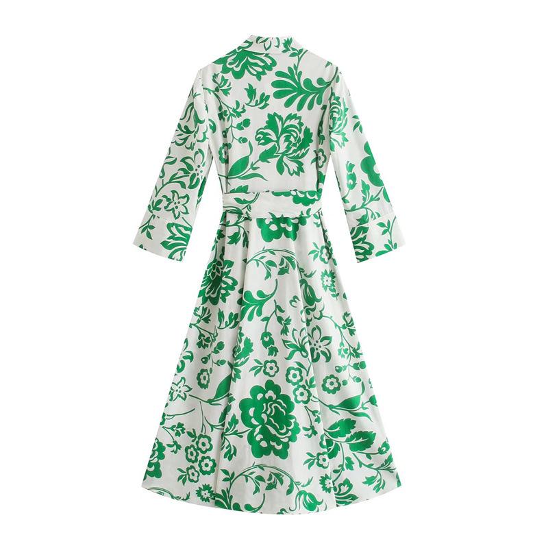 2022 Summer European & American Women's Long Shirt Dress with Belt and Print