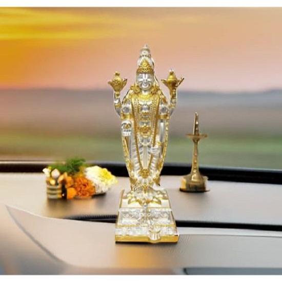 Lord Tirupati Balaji Gold Silver Matte Idol for Car Dashboard | Vishnu Ji Idol for Office Desk | Venkateswara Swamy Murti for Home |