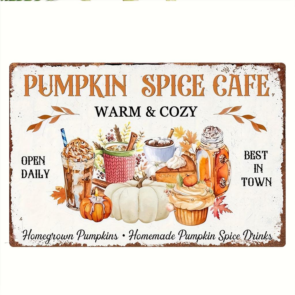 2D Flach - 1 Stück Vintage Kürbisgewürz Café Metallschild - 8x12 Zoll | Rustikale Wanddekoration mit Kaffee, Cupcakes und Herbstblättern | Pro