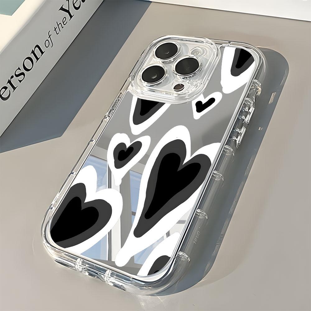 Black And White Heart Pattern Phone Case For iPhone 17 Air 16 15 14 13 12 11 Pro Max X XR XS 8 Plus Back Mirror Shockproof Cover