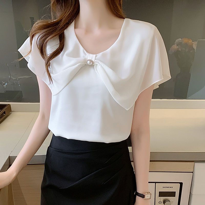 WTEMPO Short-sleeved Chiffon Shirt Women Summer Dress Bow Shows Thin Korean Fashion Thin Top Solid Color Y2k Top