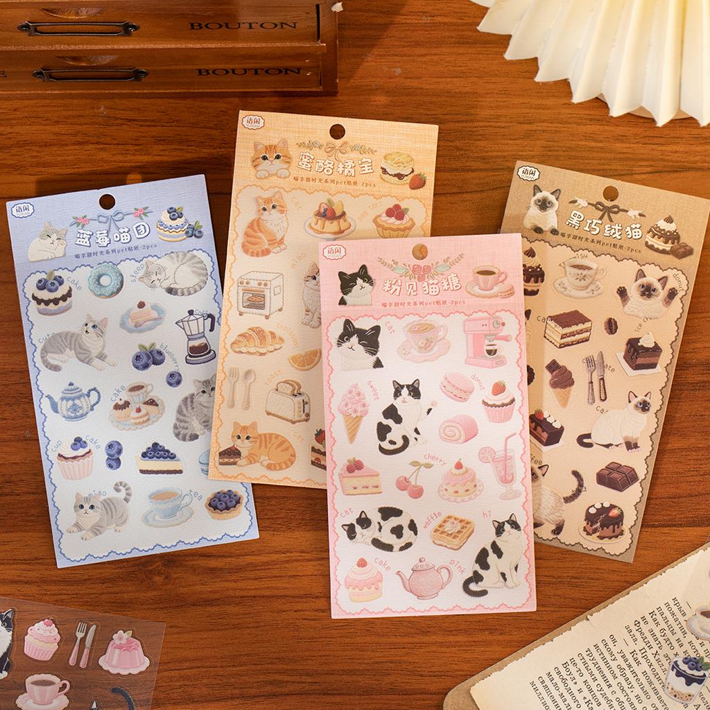2 Bogen Meow genießt süße Zeit Serie Kawaii Cartoon PET Aufkleber DIY Tagebuch Scrapbook Ästhetik Schreibwaren Aufkleber